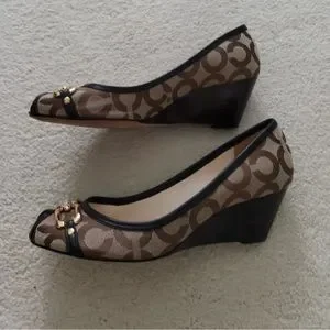 靴 Coach Peeptoe Logo Fabric Wedges (Black) Coach | Shoes | Coach Black Open Toe Wedge Shoes Size 6
